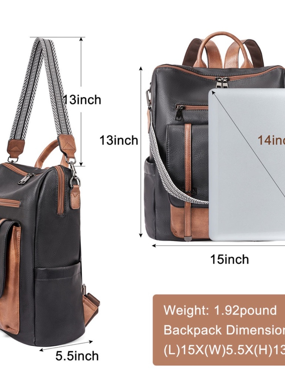Women’s Black and Brown Leather-Accent Backpack